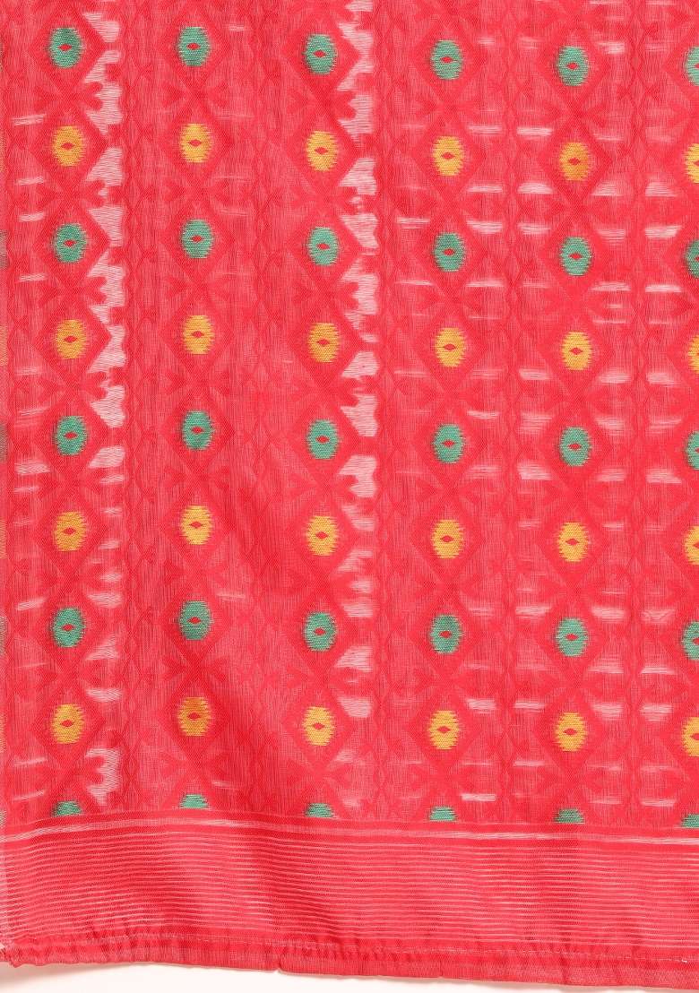 Red Embroidered Cotton Saree Set - Indya