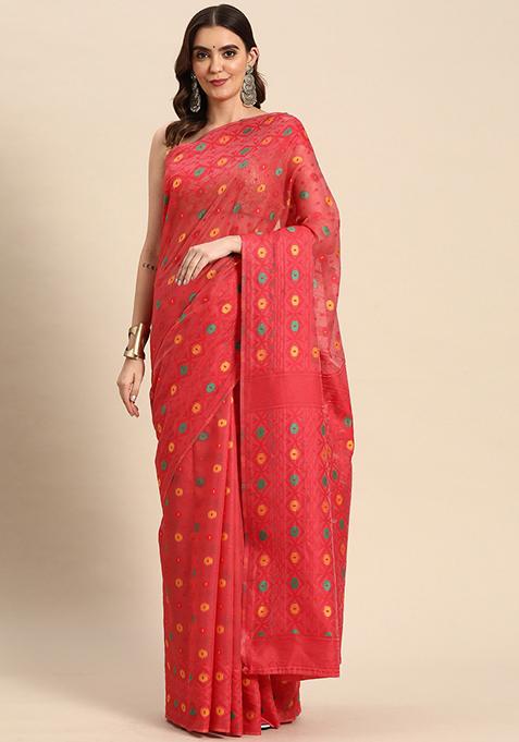 Red Embroidered Cotton Saree Set
