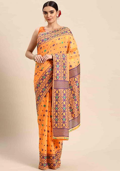 Yellow Embroidered Cotton Saree Set
