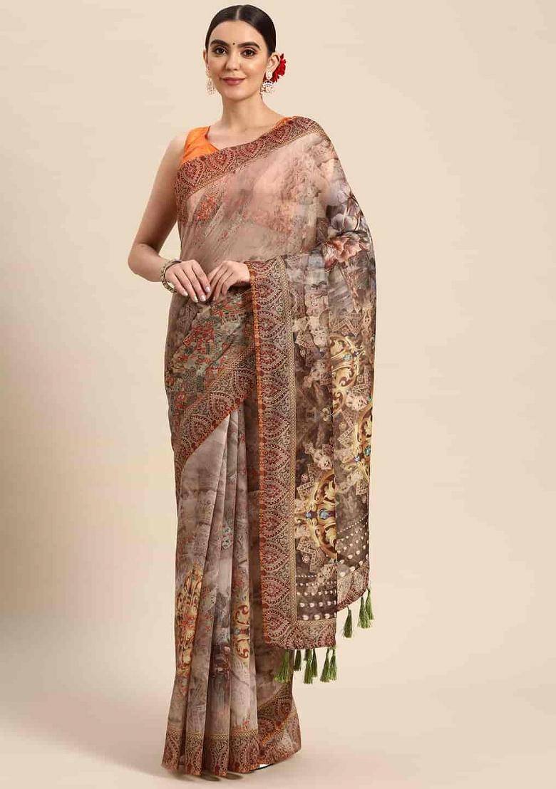 Grey Printed Chanderi Saree Set