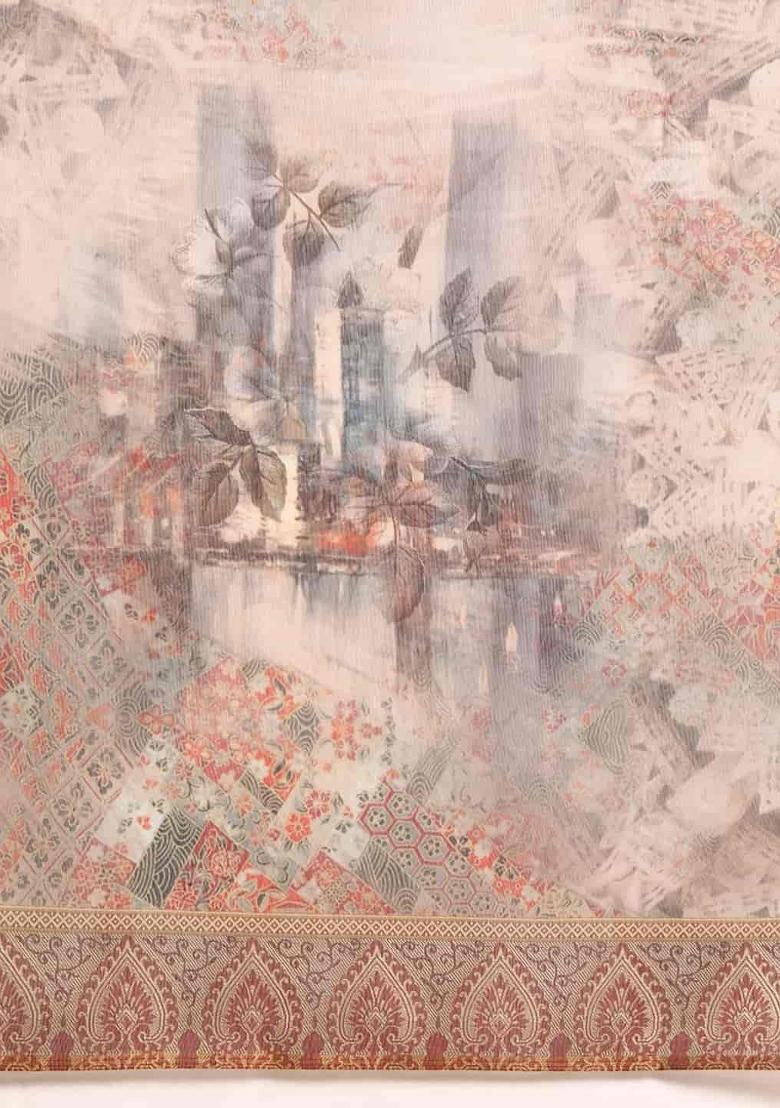 Grey Printed Chanderi Saree Set