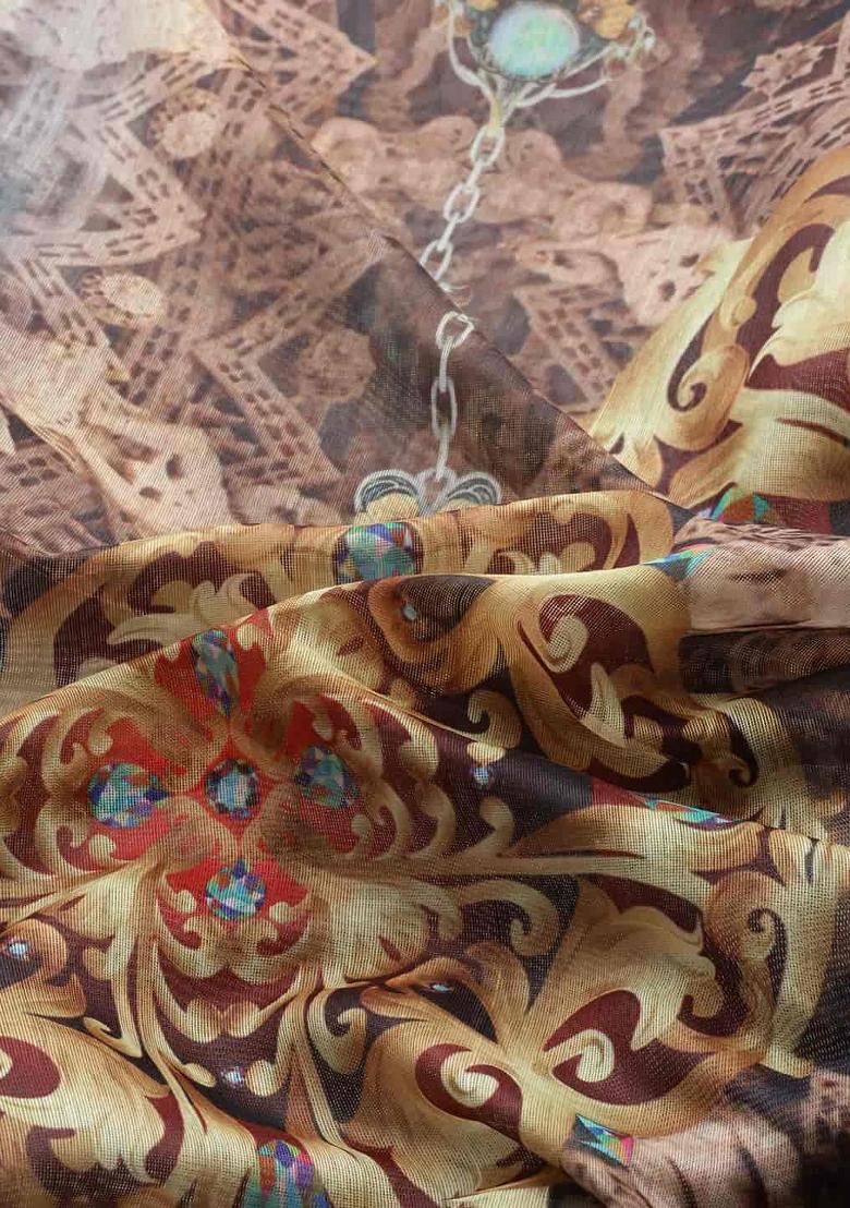 Grey Printed Chanderi Saree Set