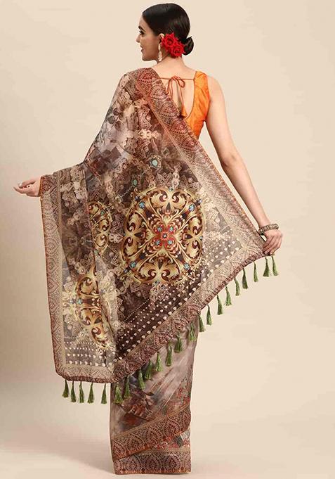 Grey Printed Chanderi Saree Set
