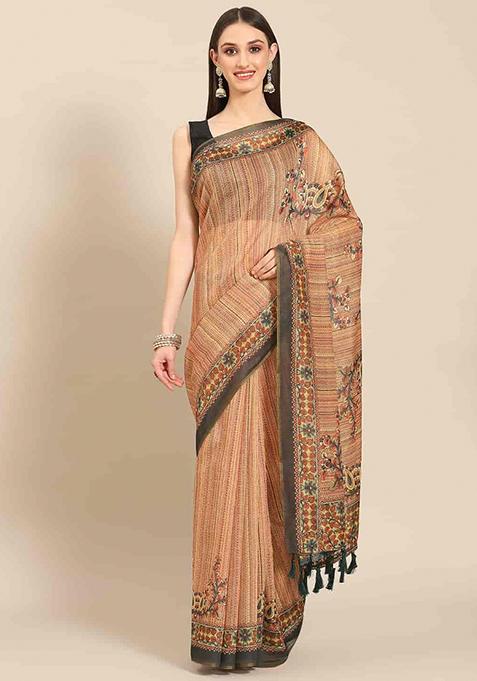 Brown Printed Chanderi Saree Set