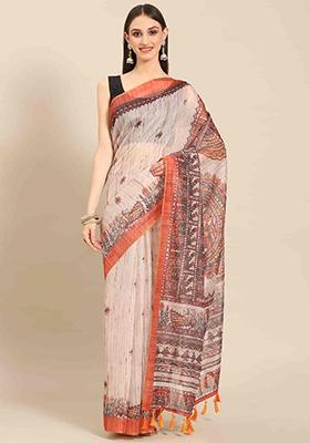 Off White Printed Chanderi Saree Set
