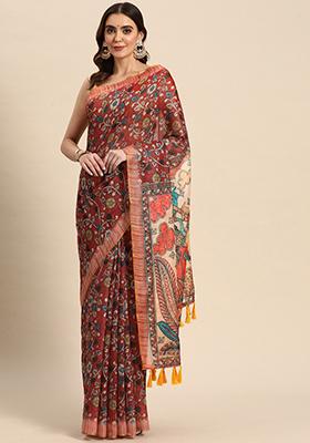 Maroon Printed Chanderi Saree Set