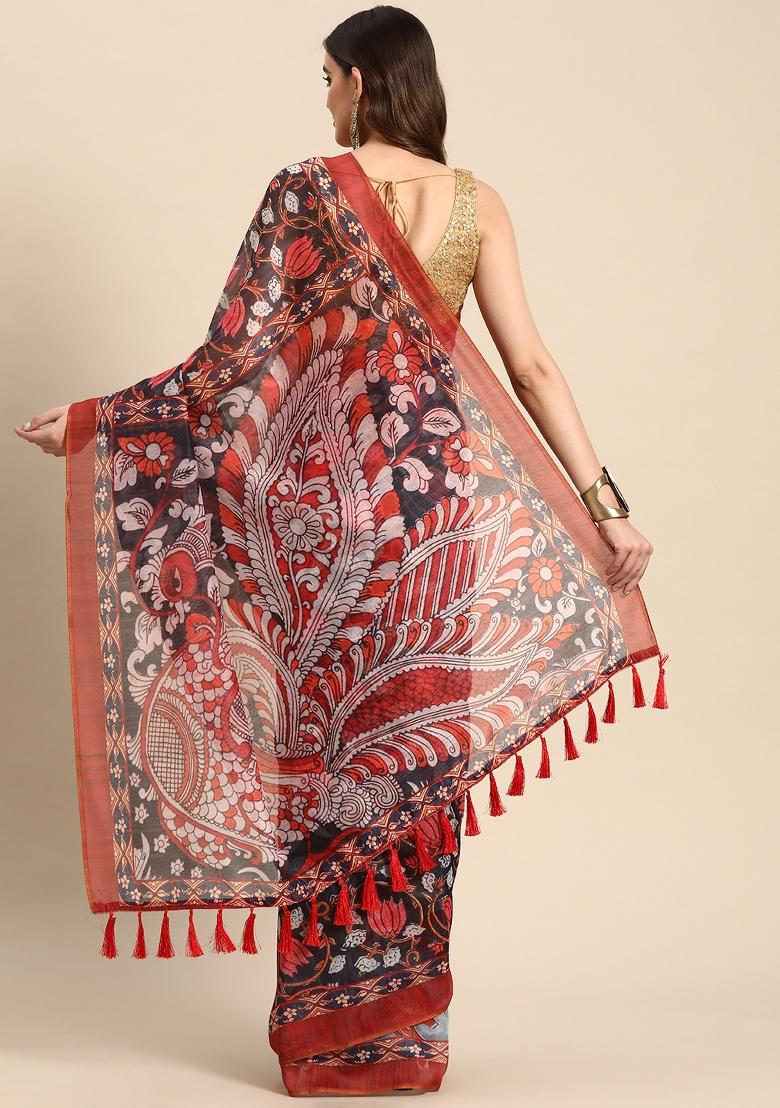 Red Printed Chanderi Saree Set