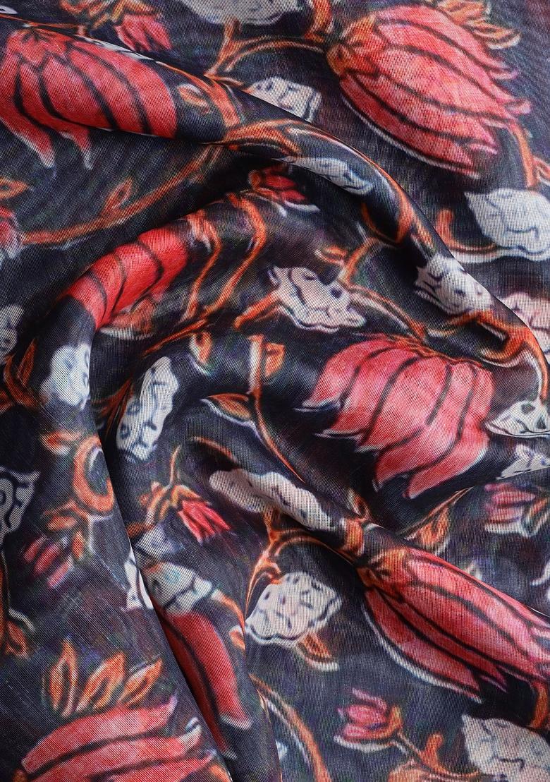 Red Printed Chanderi Saree Set