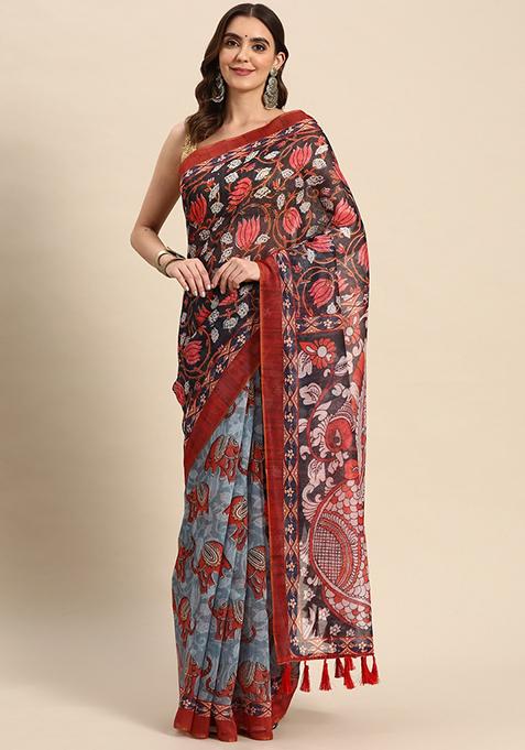 Red Printed Chanderi Saree Set