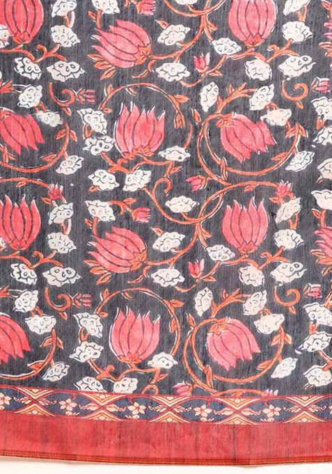 Red Printed Chanderi Saree Set