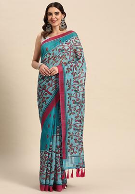 Turquoise Blue Printed Chanderi Saree Set