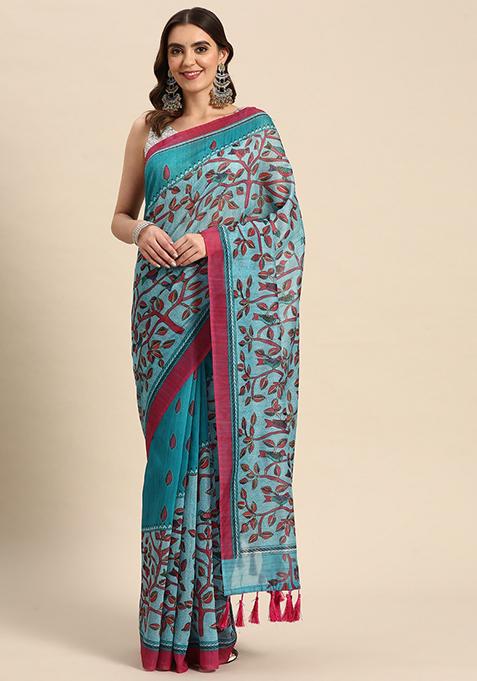 Turquoise Blue Printed Chanderi Saree Set