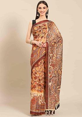 Brown Printed Chanderi Saree Set
