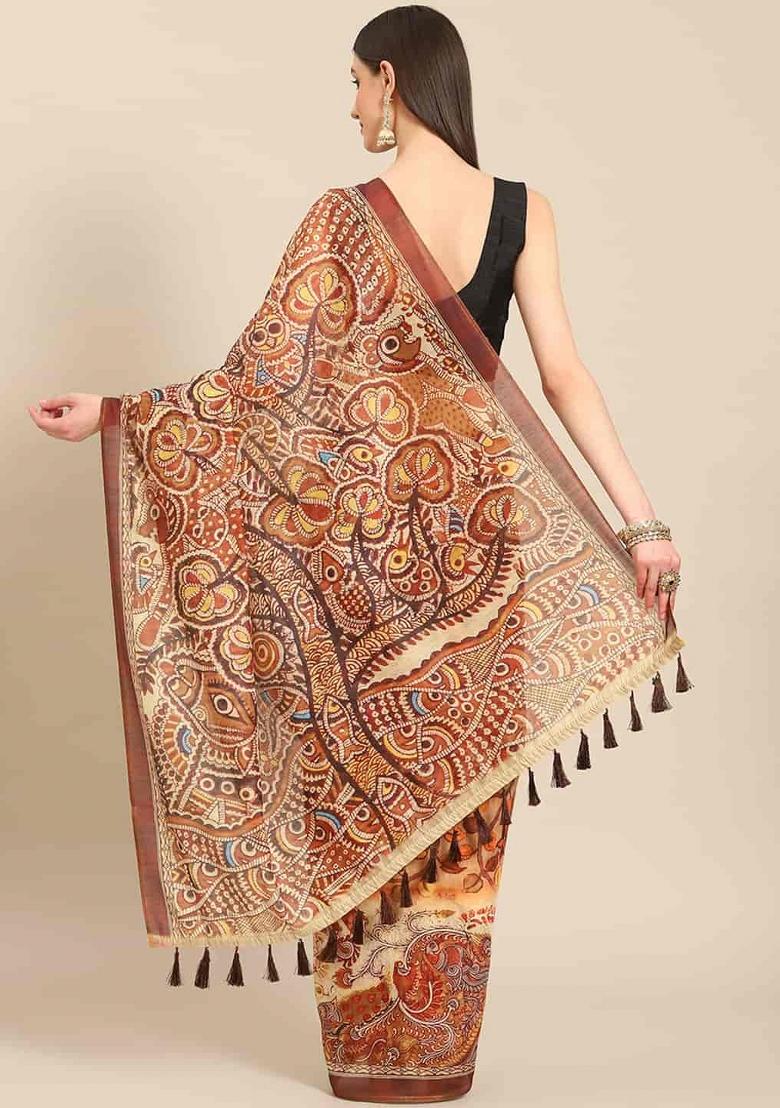Brown Printed Chanderi Saree Set