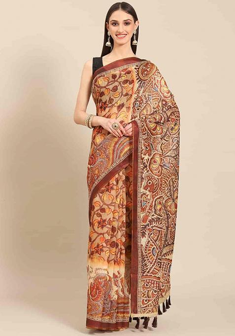 Brown Printed Chanderi Saree Set