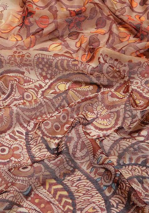 Brown Printed Chanderi Saree Set
