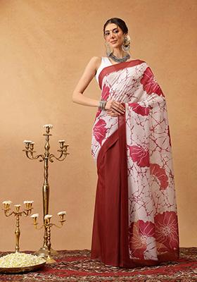 Brown Printed Cotton Saree Set