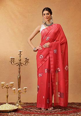 Red Printed Cotton Saree Set