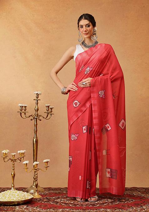 Red Printed Cotton Saree Set