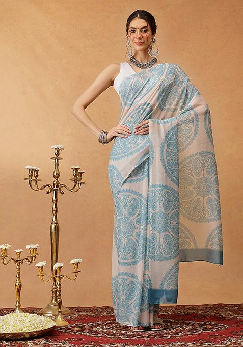 Beige Printed Cotton Saree Set