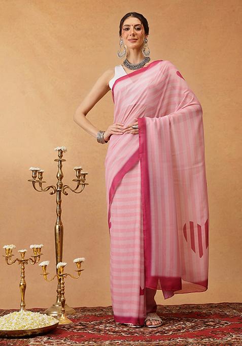 Pink Printed Cotton Saree Set