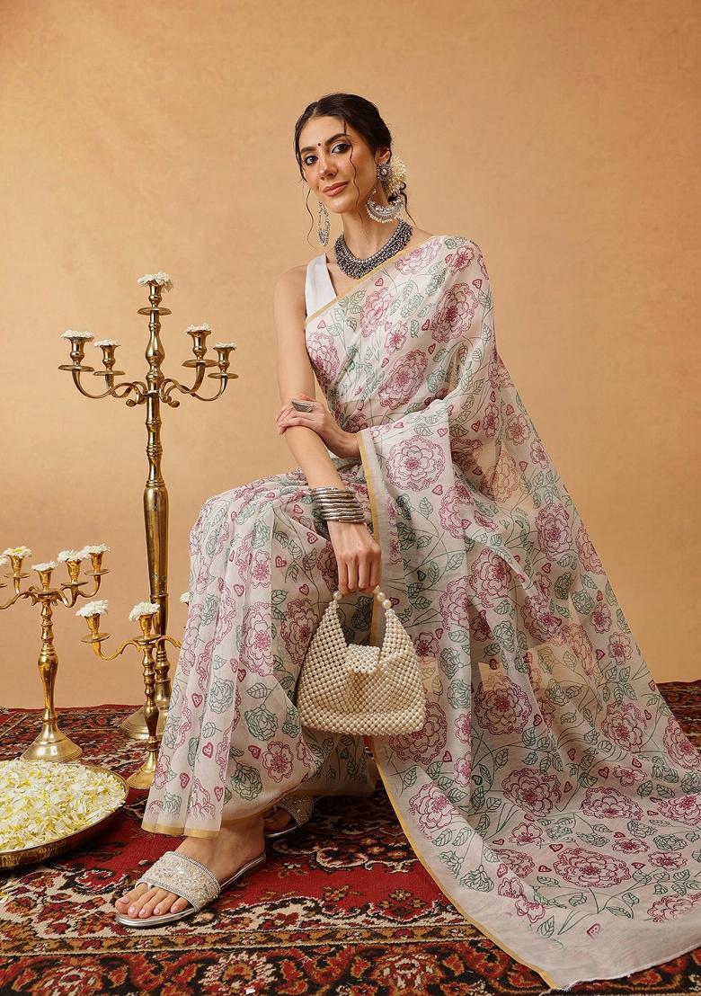 Off White Printed Chanderi Saree Set