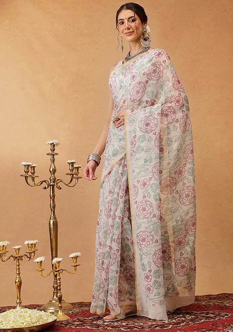 Off White Printed Chanderi Saree Set