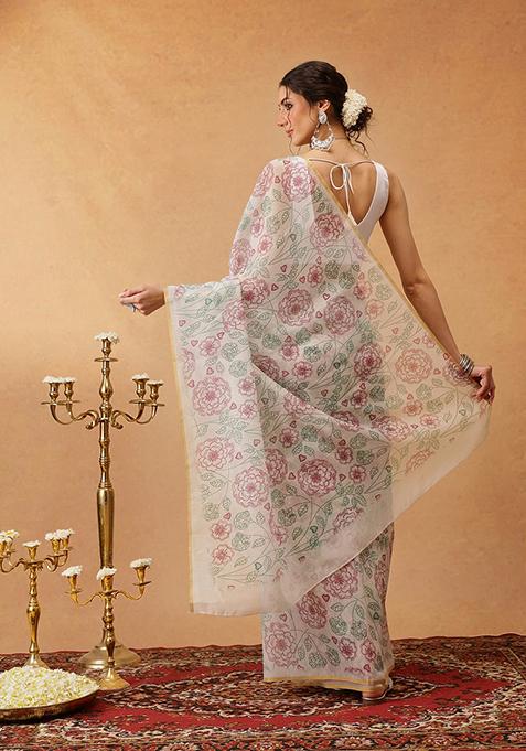 Off White Printed Chanderi Saree Set
