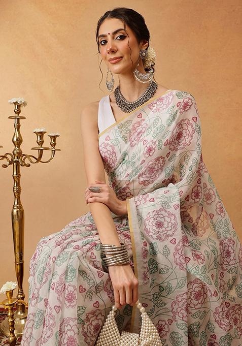 Off White Printed Chanderi Saree Set