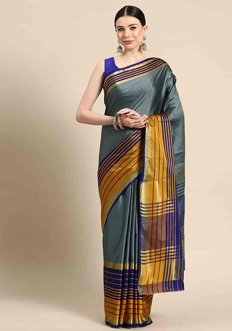Grey Embroidered Silk Saree Set