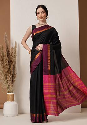Black Solid Silk Saree Set