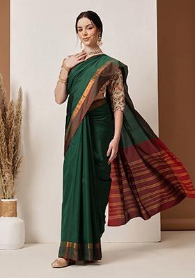 Green Solid Silk Saree Set