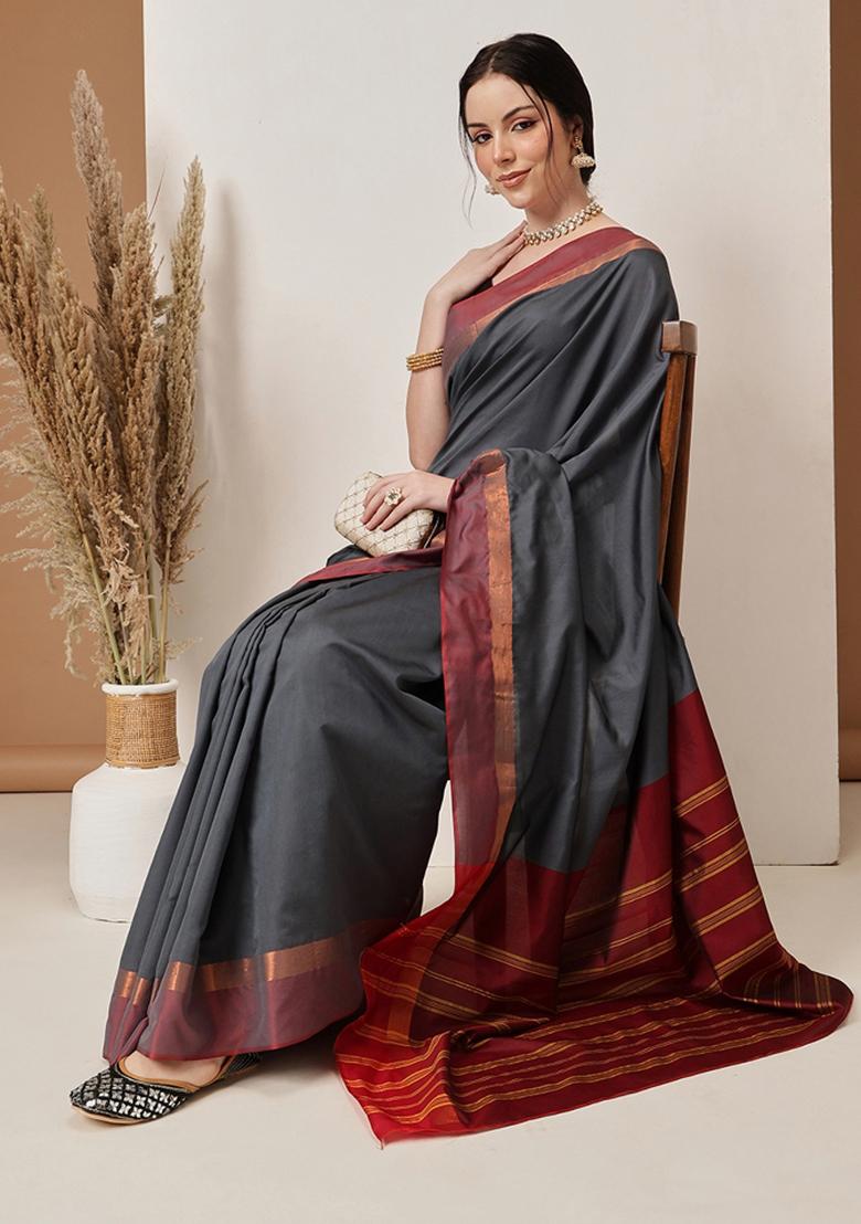 Grey Solid Silk Saree Set - Indya