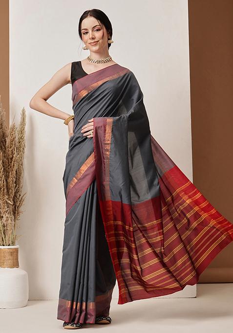 Grey Solid Silk Saree Set