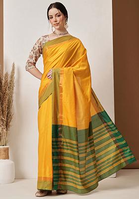 Mustard Yellow Solid Silk Saree Set