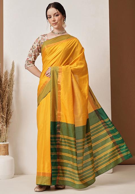 Mustard Yellow Solid Silk Saree Set