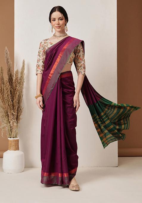 Purple Solid Silk Saree Set