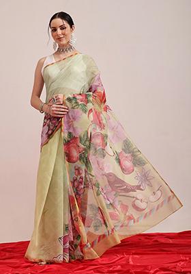 Olive Printed Chanderi Saree Set