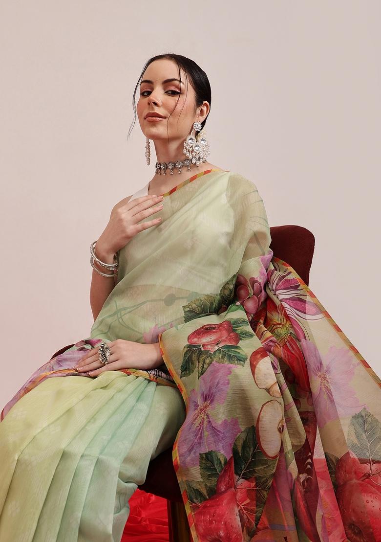 Olive Printed Chanderi Saree Set - Indya