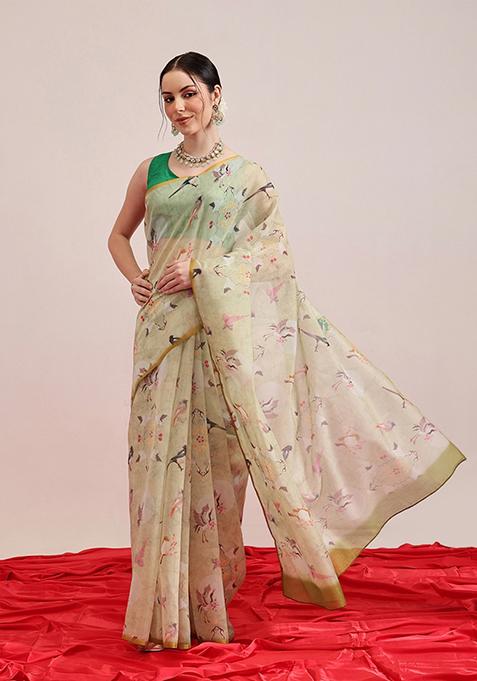 Olive Printed Chanderi Saree Set
