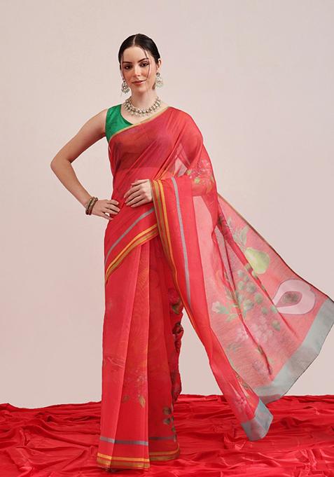 Red Printed Chanderi Saree Set