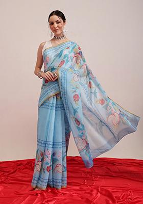 Blue Printed Chanderi Saree Set