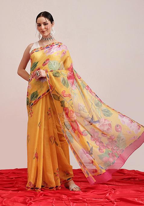 Yellow Printed Chanderi Saree Set