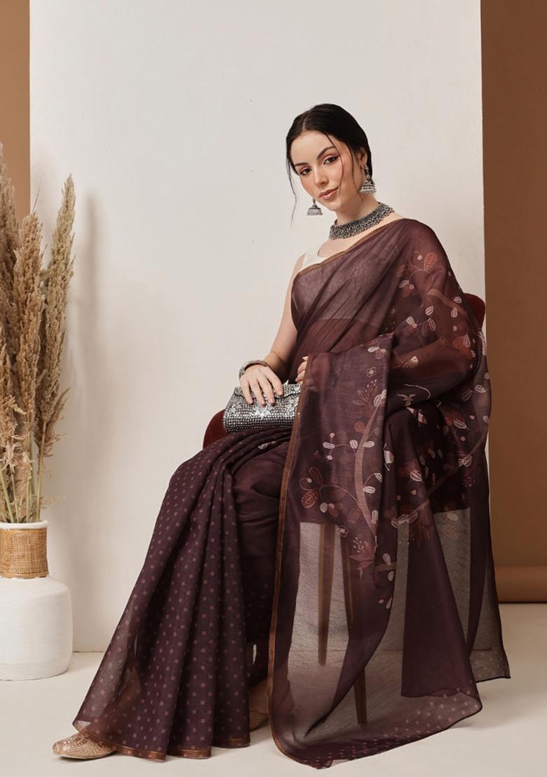 Brown Printed Chanderi Saree Set