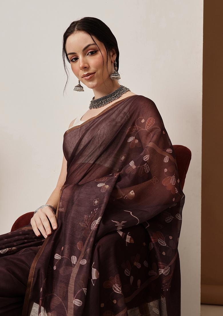 Brown Printed Chanderi Saree Set