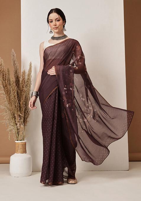 Brown Printed Chanderi Saree Set