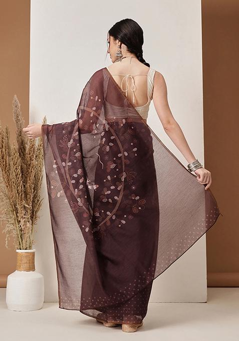 Brown Printed Chanderi Saree Set