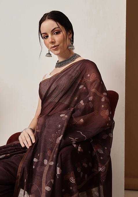 Brown Printed Chanderi Saree Set