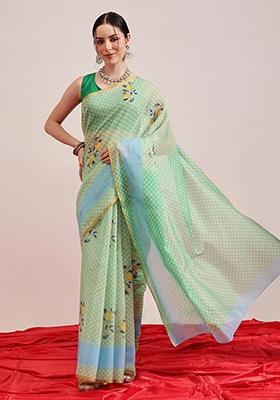 Green Printed Chanderi Saree Set