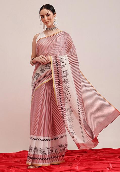 Maroon Printed Chanderi Saree Set